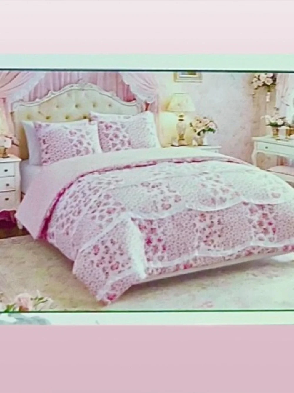 🆕- Shabby Chic 3 Piece Reversible Comforter Set - Pink White Floral, Queen Size
